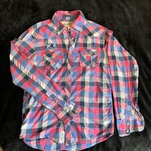 JACHS Pink + Blue plaid Casual Button Down Shirt